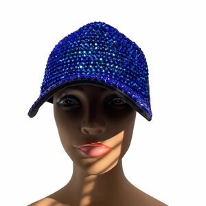 Women's‎ Blue Rhinestone Embellished Baseball Cap 100% Cotton Adjustable Fit